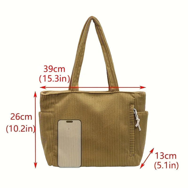 Large Corduroy Tote Bag for Women Everyday Shoulder Bag with Pockets and Zipper for Work Travel Vacation