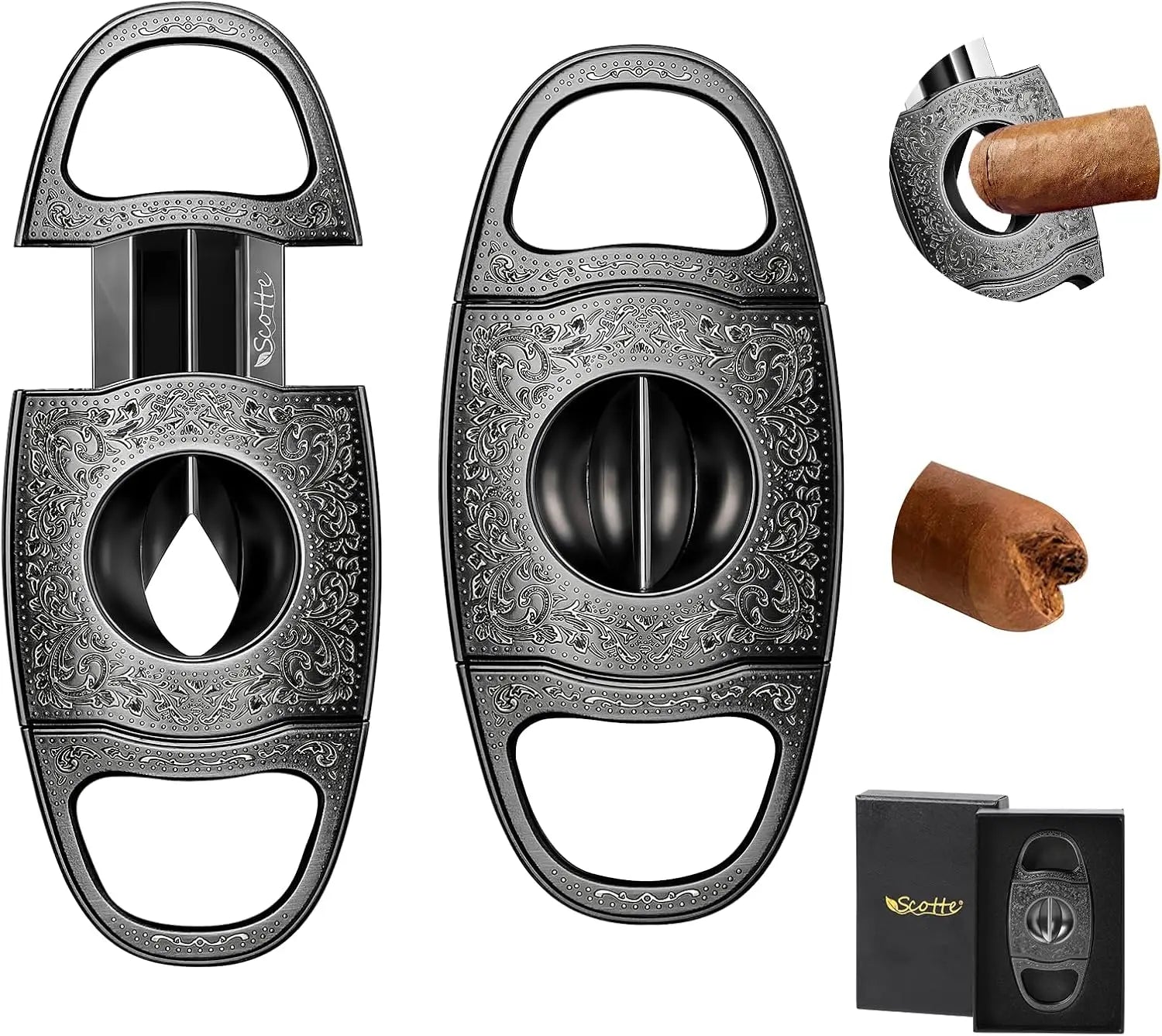 Cigar Cutter,Bronze Engraved V Cut Cigar Cutter Guillotine,Stainless Steel Blade Sharp Cigar Clippers,Cigar Accessories for Men