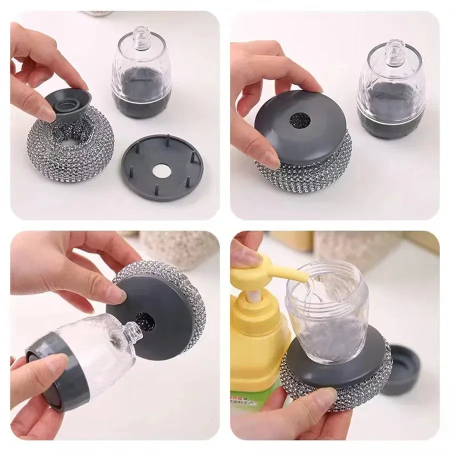 1~5PCs Automatic Liquid Adding Pot Washing Brush Stainless Steel Press Brush Kitchen Tool Household Cleaning Brush