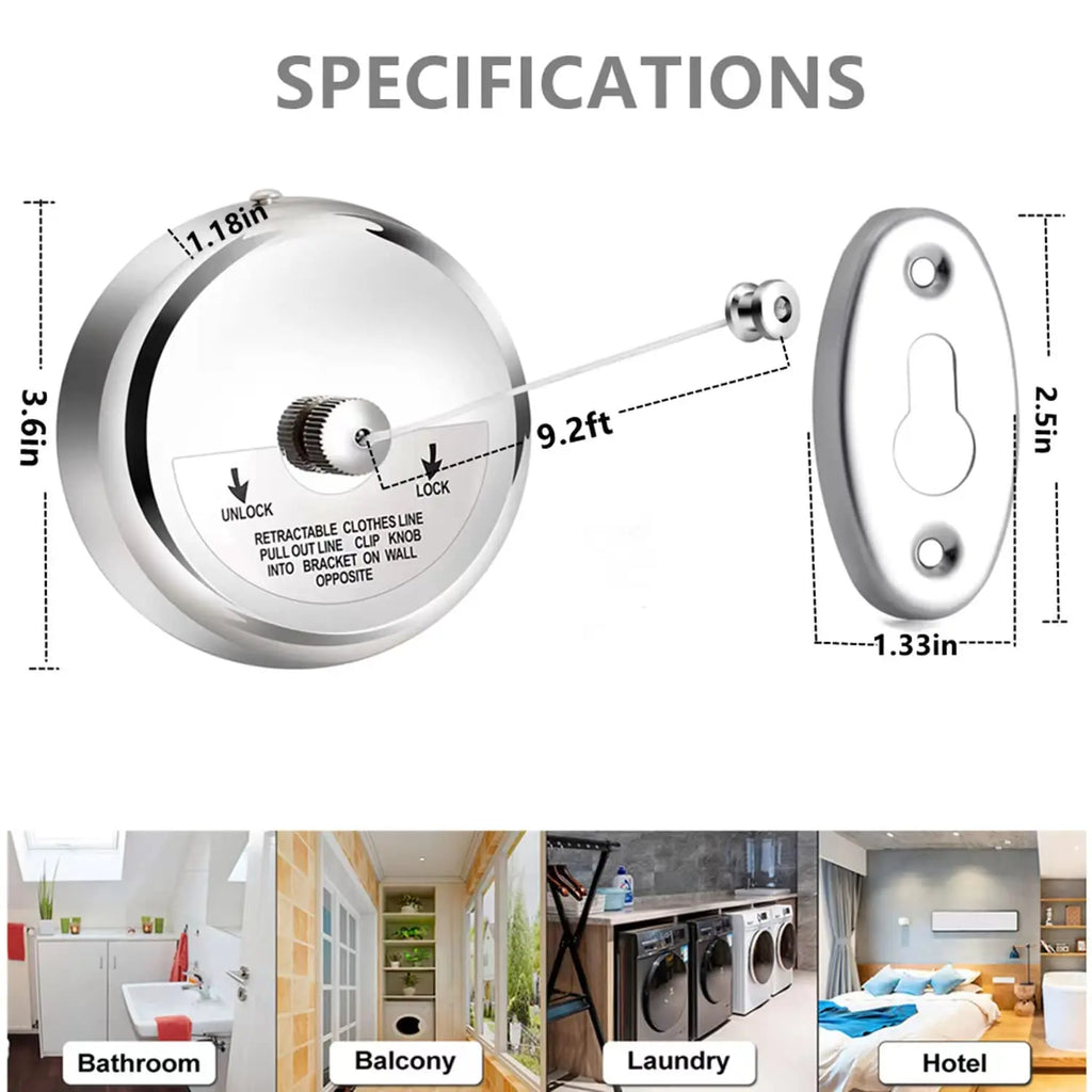 3.6 Stainless Steel Retractable Clothesline Set with 10 Stainless Steel Clothespins for Indoor and Outdoor Quilting