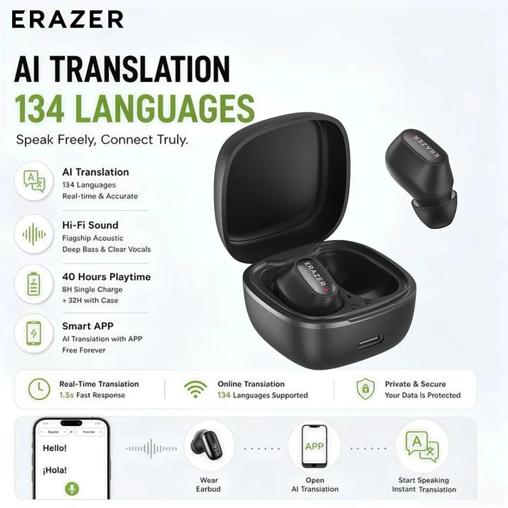 Erazer XF65 Bluetooth Earphones 135 Language AI translator Earbuds Low Latency Lanyard Long Battery Soft Wireless Headphones