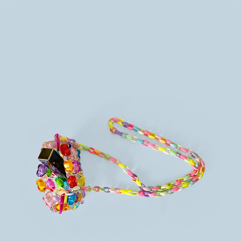 New Jelly Rainbow Love Bead Bag Hand Woven Bag Women's Dopamine Heart Cross Bag Mini