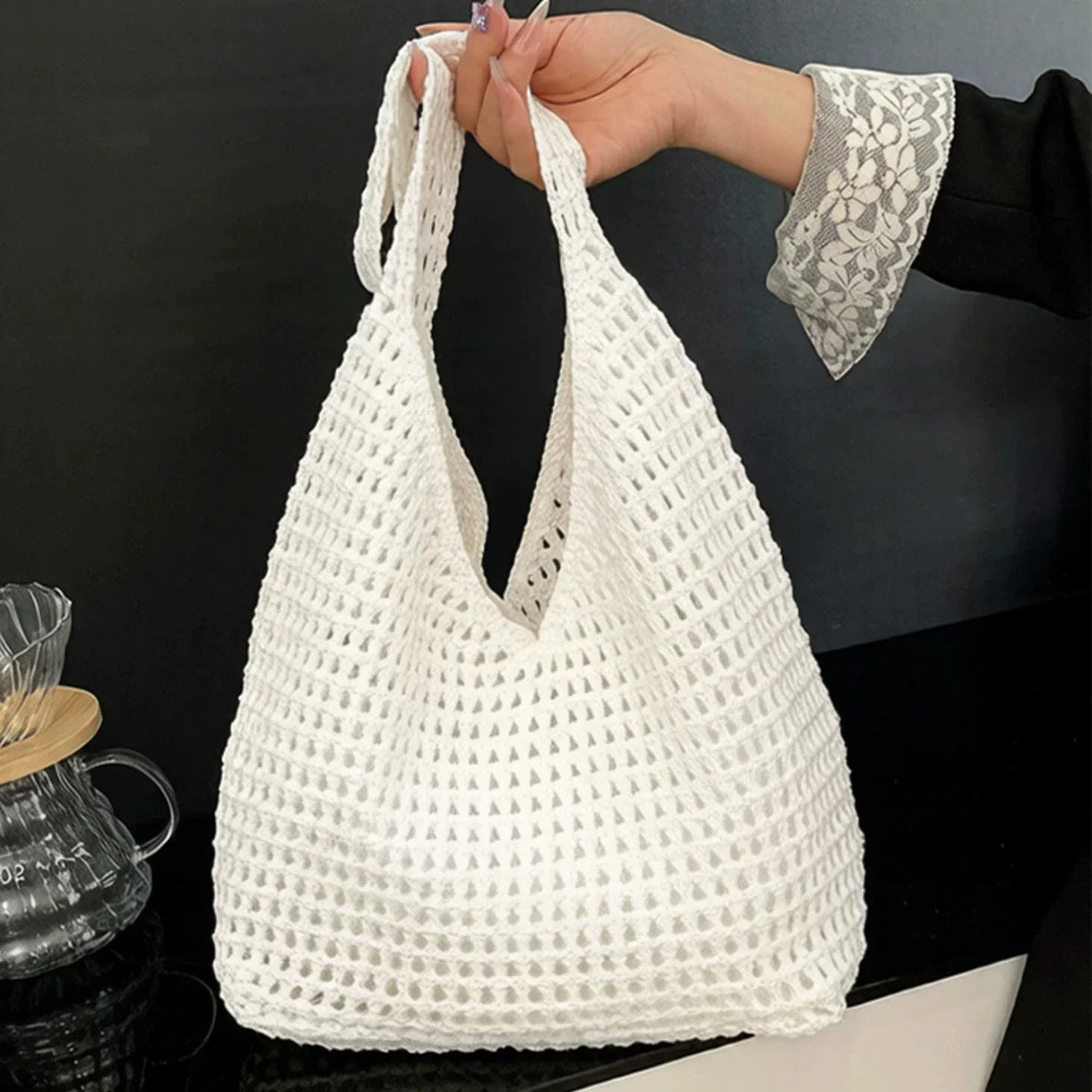 Solid Color Knitting Shoulder Bag Hollow Out Versatile Bohemian Crochet Tote Bag Large Capacity Casual Woven Handbag Women