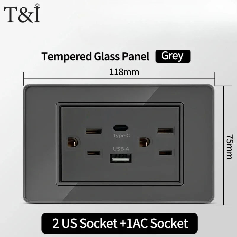 118*75mm TEMPERED GLASS SWITCH PANEL Wall Socket with USB Type - C, Grey US Switch, Thai Plug for Home & Office Use