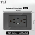 118*75mm TEMPERED GLASS SWITCH PANEL Wall Socket with USB Type - C, Grey US Switch, Thai Plug for Home & Office Use