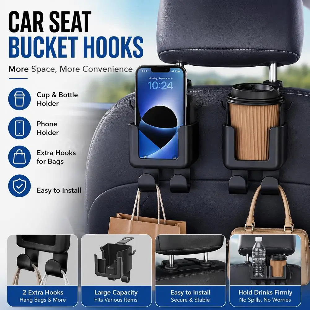 Multi functional car seat back storage rack with cup holder! Mobile phone holder and hook - suitable for most car models