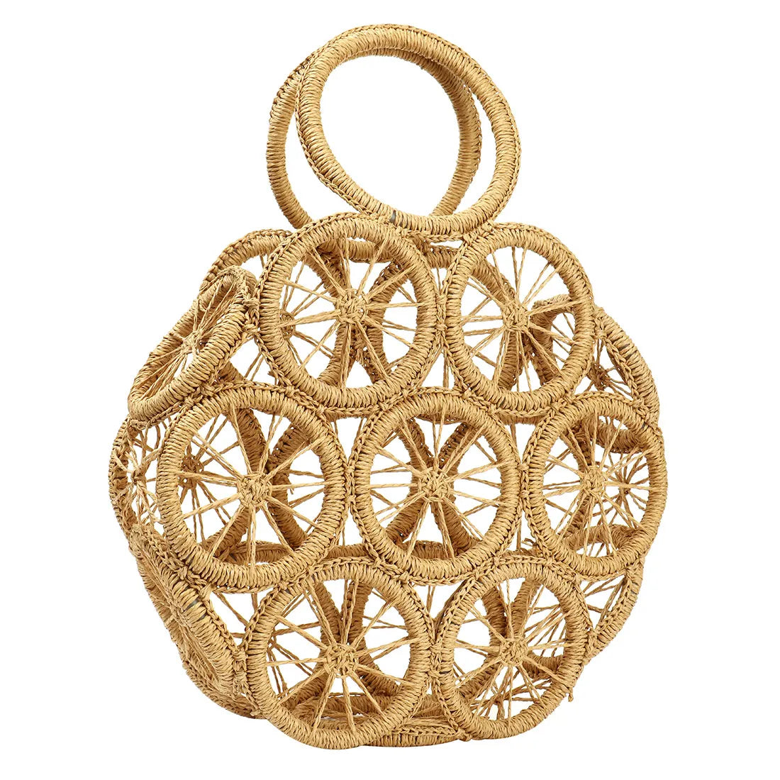 Round Straw Bag Rattan Woven Handbag For Women Large Capacity Shoulder Tote Purse Ladies Holiday Beach Wood Handle Shopping Bag