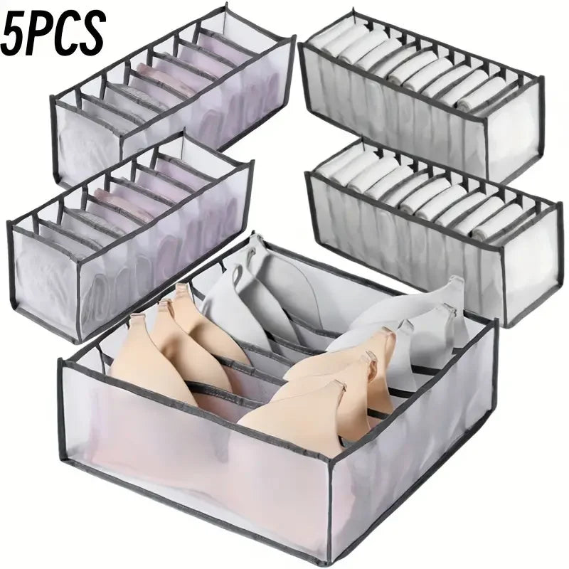 5-Pack Home Storage Boxes Foldable Plaid Underwear Combination Bags - Nylon Drawer Dividers for Socks, Panties and Underwear