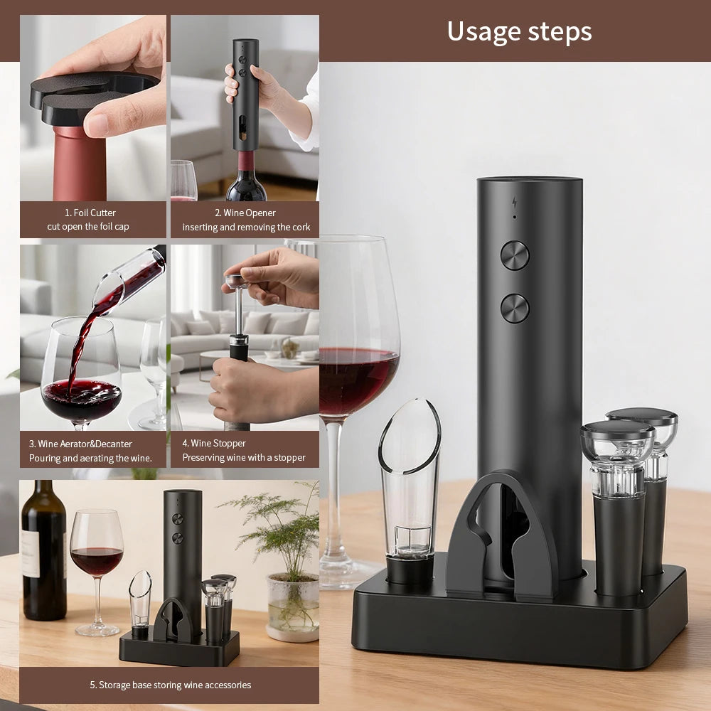 Electric Wine Bottle Opener Set New Arrival Automatic Red Wine Corkscrew Rechargeable Wine Opener Wine Tools with Base