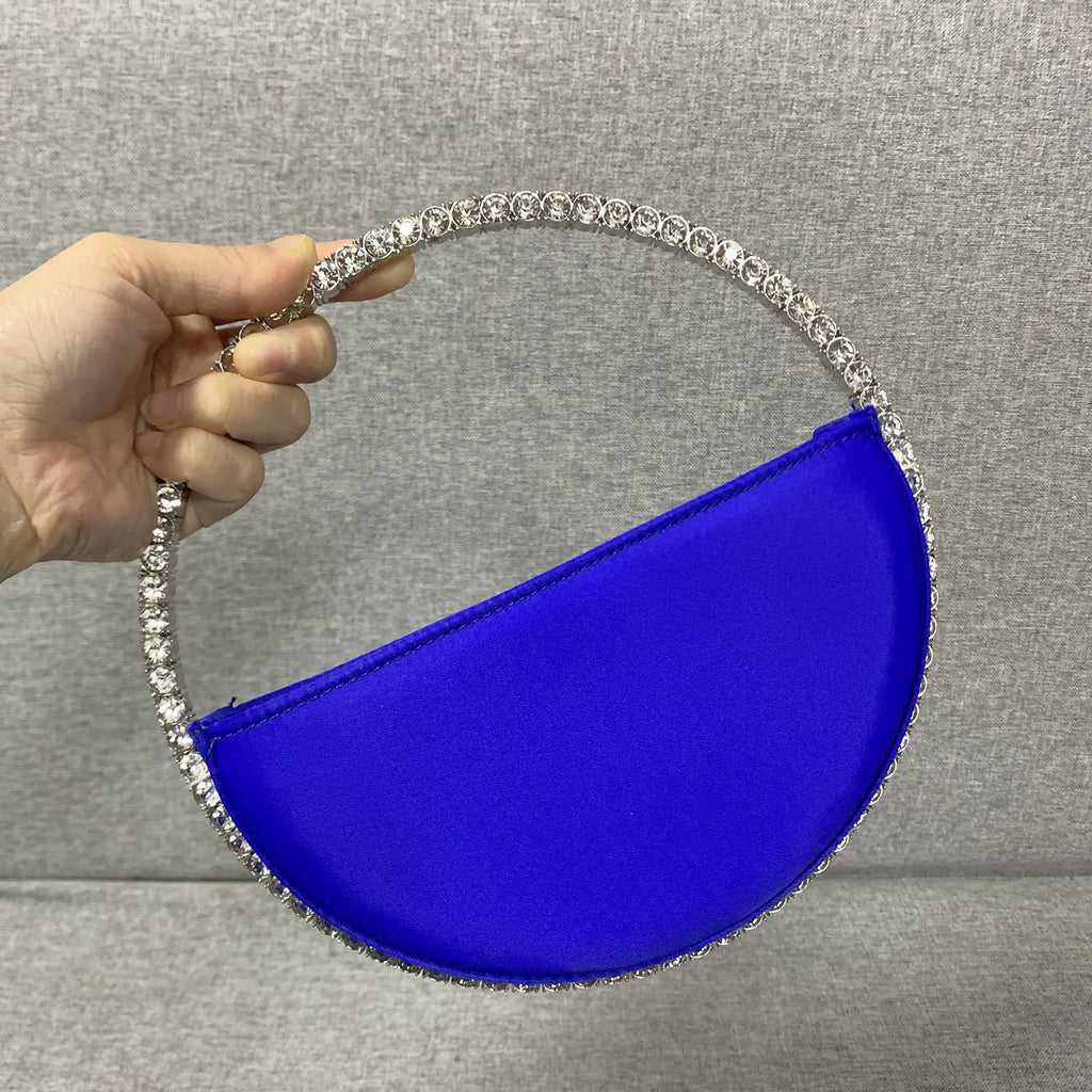New Arrival Trendy Women Chic Round Satin Crossbody Hand Bag with Round Bling Crystal Handle Evening Party Bag Purse
