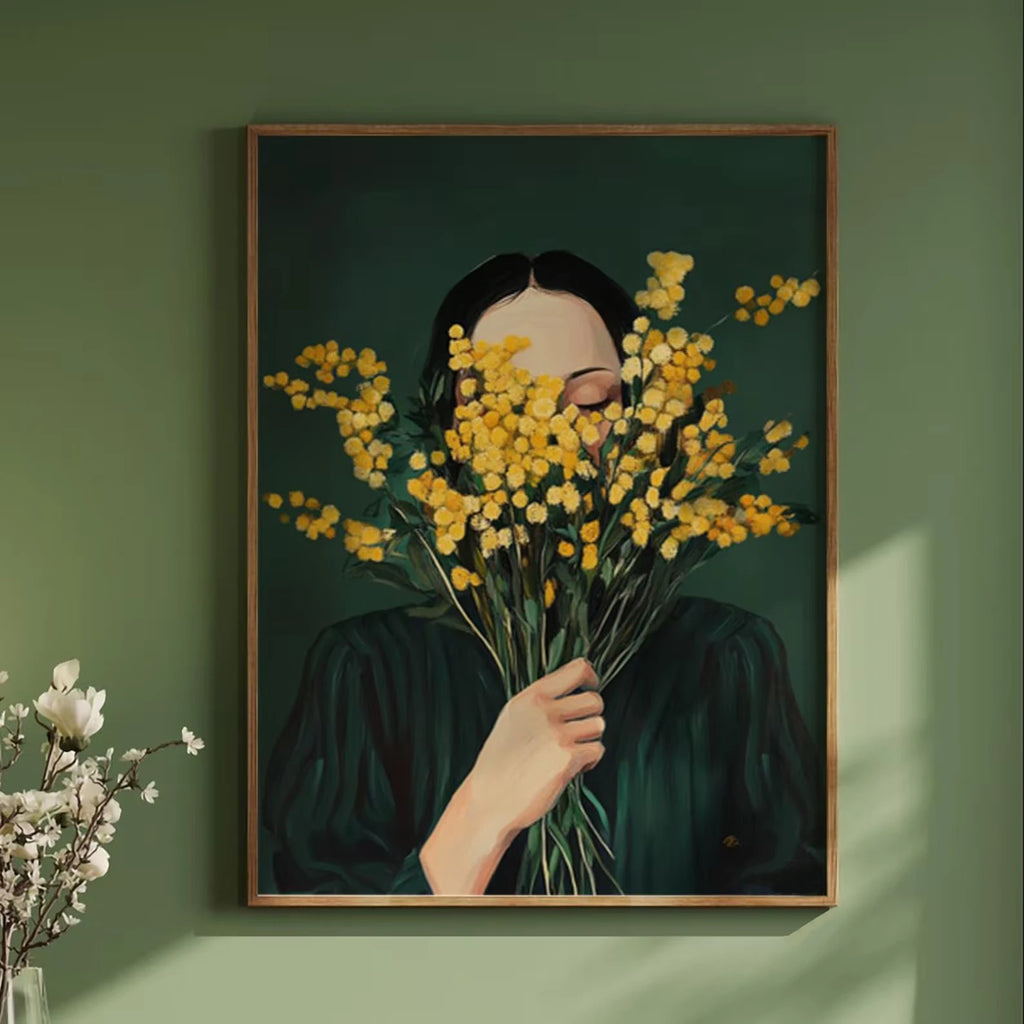 Green Abstract Figures Canvas Print with Flower Woman Minimalist Japandi Female Portrait Art Poster for Modern Living Room Decor