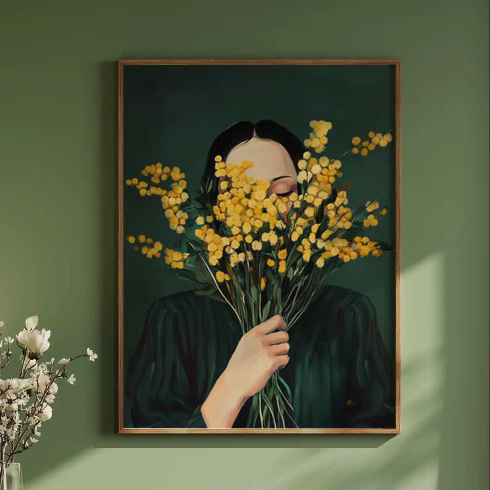 Green Abstract Figures Canvas Print with Flower Woman Minimalist Japandi Female Portrait Art Poster for Modern Living Room Decor