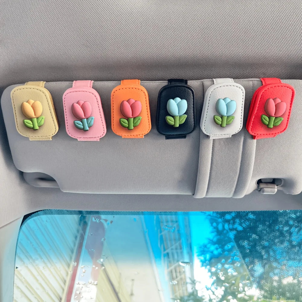 1pc Tulip Flower Car Sunshade Glasses Clip, Fashionable Sunglasses Magnetic Clip Bracket, Women'S Car Interior Additions