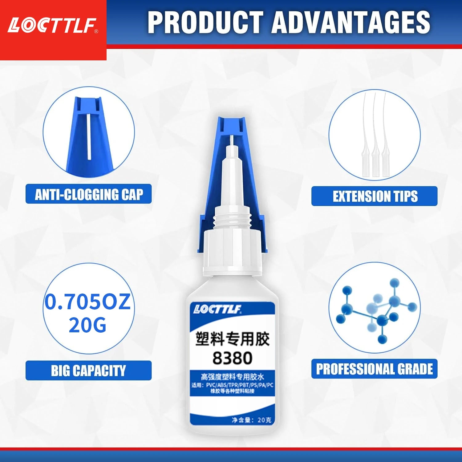 LOCTTLF 20g Plastic Glue Adhesive for 3D Printing Toy Car ABS PVC Super Instant  Glue Bonding Between Plastics Waterproof Clear