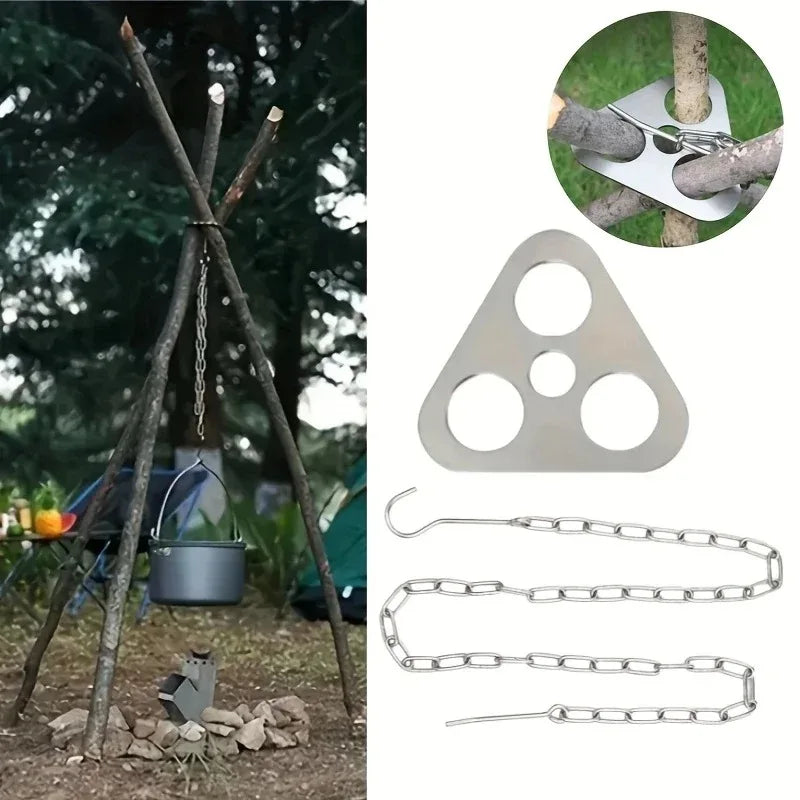 1PC Stainless Steel Portable Camping Tripod Hanger Adjustable Chain Outdoor Campfire Cooking Stand with Hook for Picnic BBQ