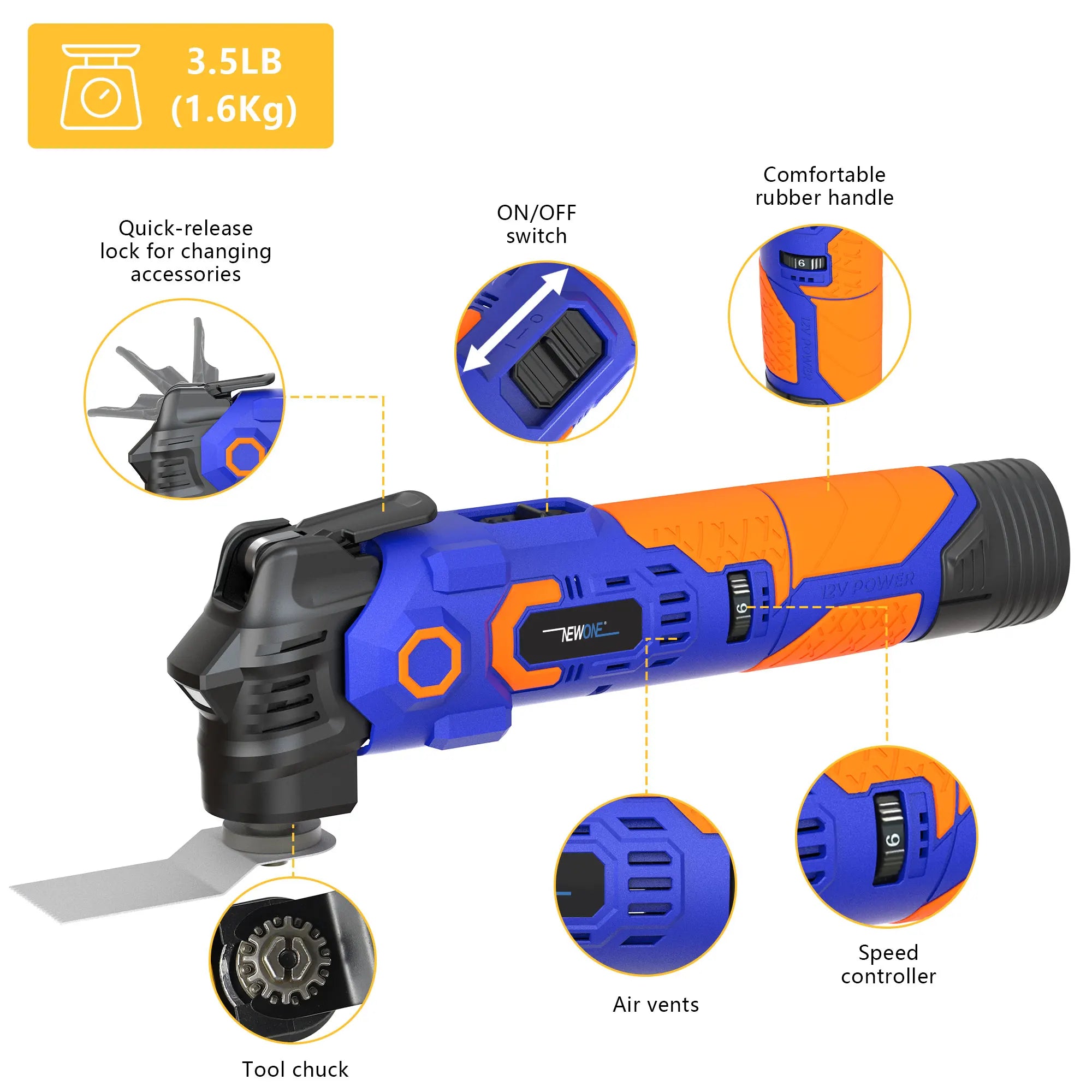 NEWONE 12V Multi Functional Tool Renovator 6 Speed Adjustment Oscillating Tool Vibration Woodworking Powerl Tool With LED Light