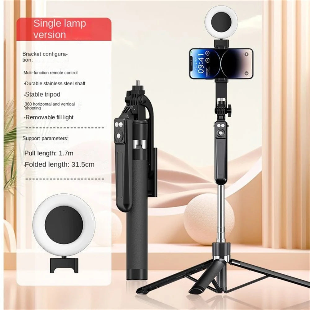 Roreta 360° Rotation 1.7M Selfie Stick Wireless Stand with Light Bluetooth Remote Extendable Tripod for iPhone Live Streaming