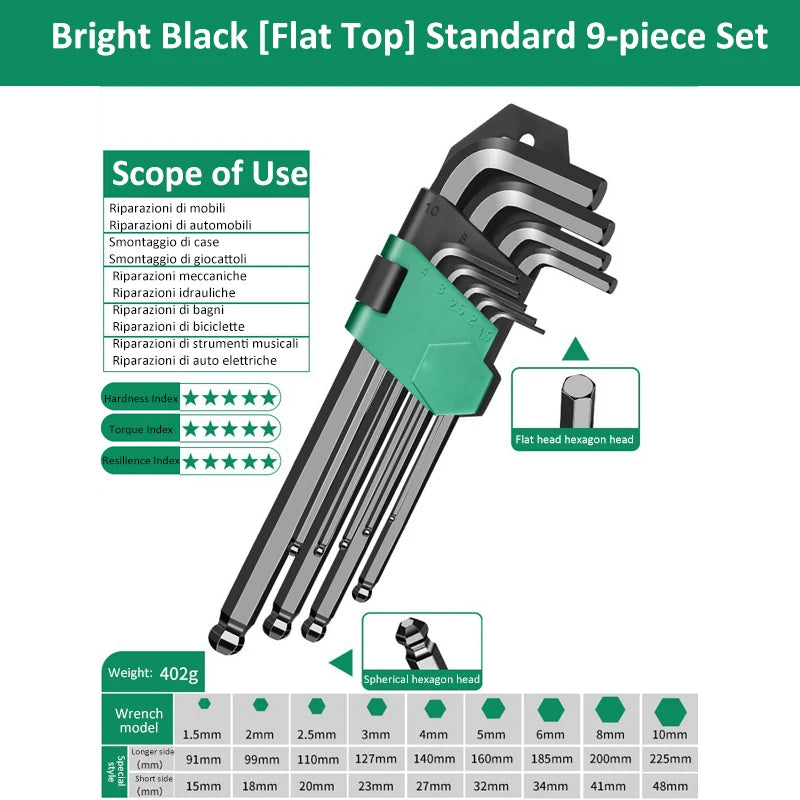 9Pcs Hex Wrench Set L Type Allen Key Set 1.5-10MM Hexagon Flat Ball Torx Star Head Spanner Screwdriver Set Household Hand Tools
