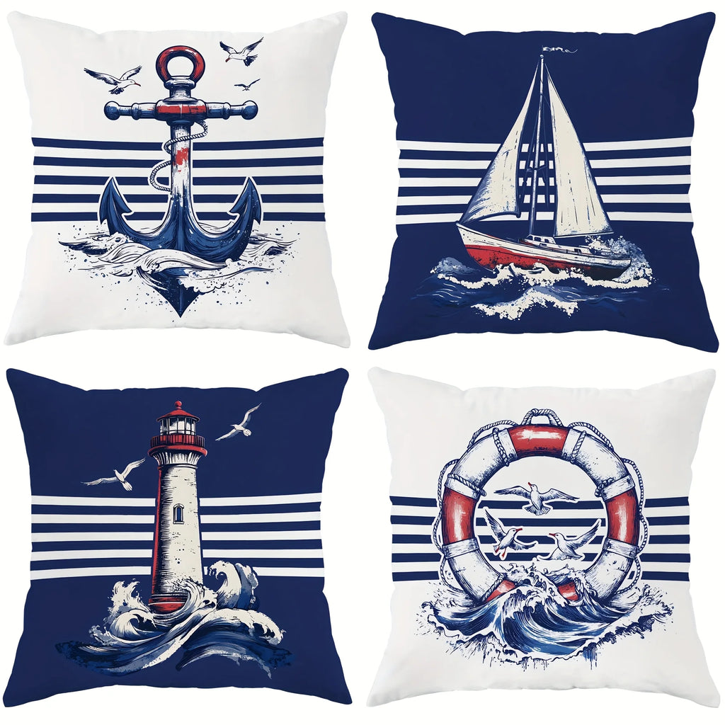 4 Piece Modern Nautical Style Vintage Pillow Covers With Zipper Closure 100 Percent Suitable For Living Room Bedroom Sofa Bed