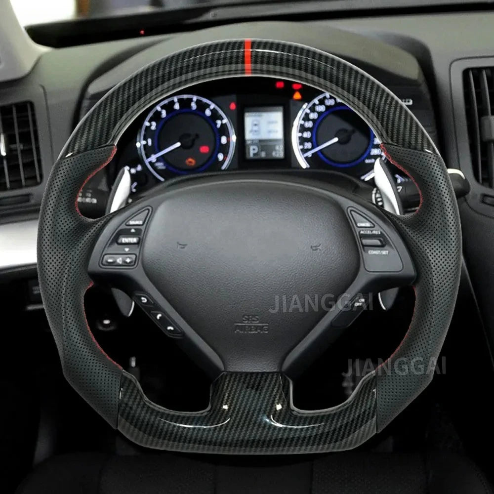 Hydro Dip Carbon Fiber Steering Wheel Red Stitching Center Line For INFINITI G25 G35 G37 QX50 Q60 2009-2013 Car Accessories