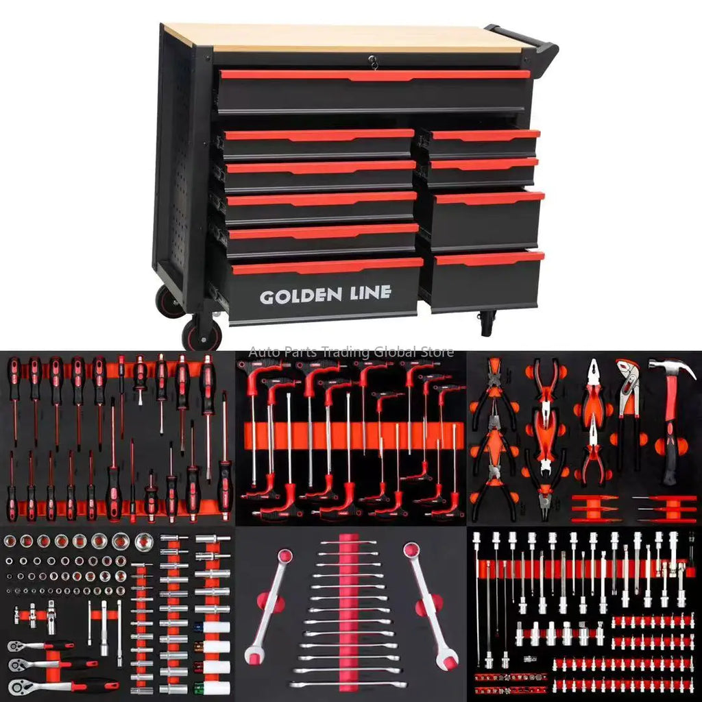 258pcs Heavy Duty Iron Toolbox Ten-Drawer Lockable Red Steel Wooden Top Customizable Tool Cart For Auto Repair Workshop OEM