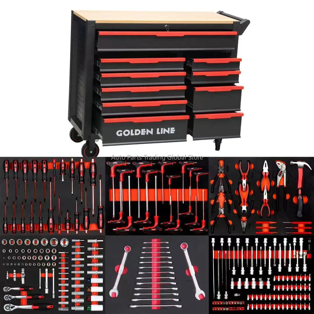 258pcs Heavy Duty Iron Toolbox Ten-Drawer Lockable Red Steel Wooden Top Customizable Tool Cart For Auto Repair Workshop OEM
