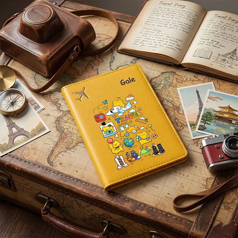 Personalized Name Text Passport Holder, Cute Cartoon Passport Case, Passport Cover And Document Organizer, Travel Ticket Holder