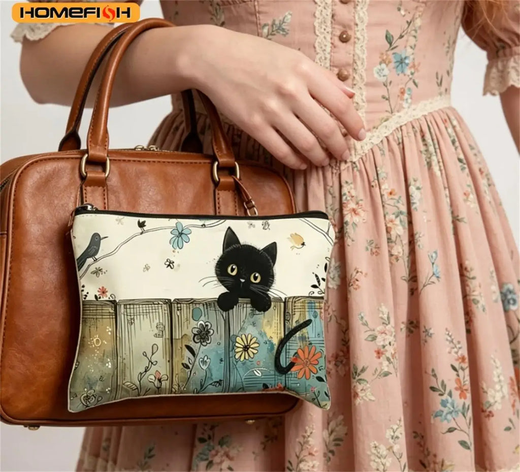 HOMEFISH Black Cat Floral Zipper Pouch - Durable, Fade-Resistant Cosmetic Bag, Gift for Sisters, Friends, Cat Lovers | Vibrant