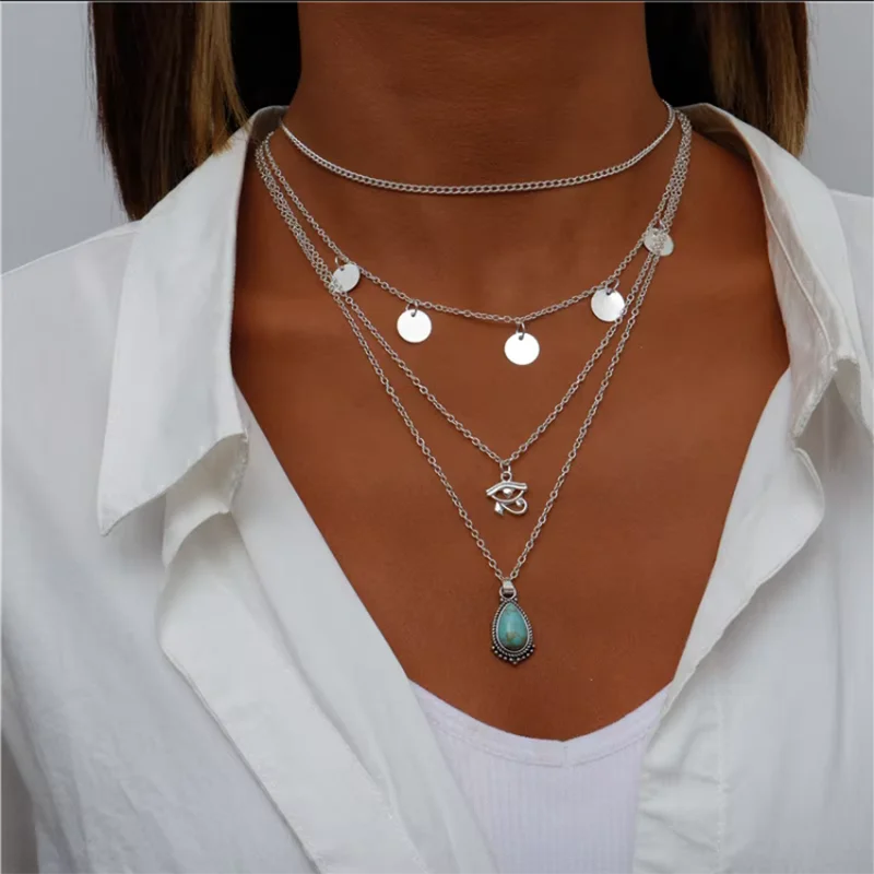 Vintage Multi Layered Moon Coin Moon Hamsa Hand Chain Necklaces for Women Boho Elephant Hearts Pendants Necklaces Jewelry