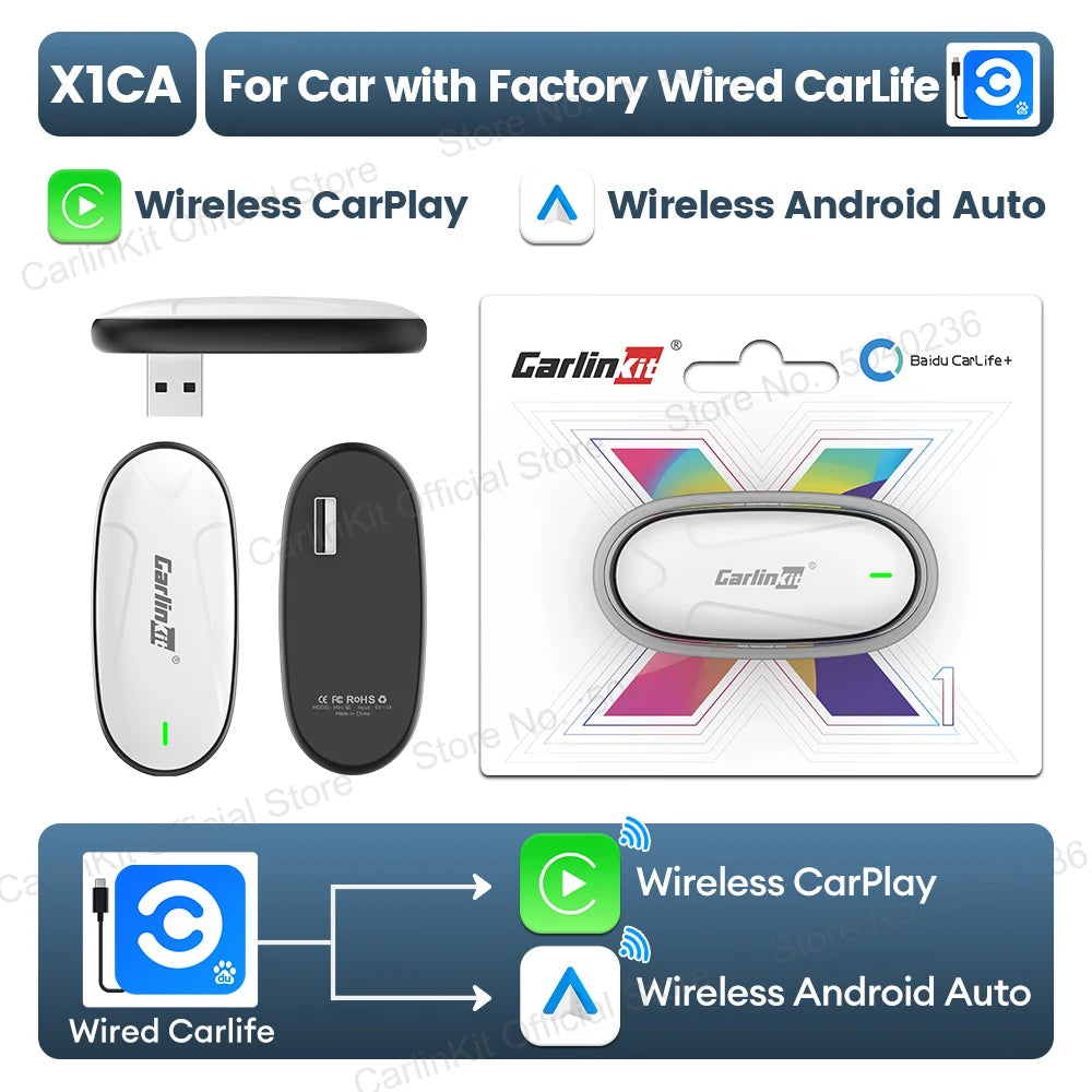 CarlinKit Baidu CarLife to CarPlay Wireless Adapter Android Auto 2 in 1 Mini Box USB Plug and Play 5.8Ghz WiFi Seamless Connect