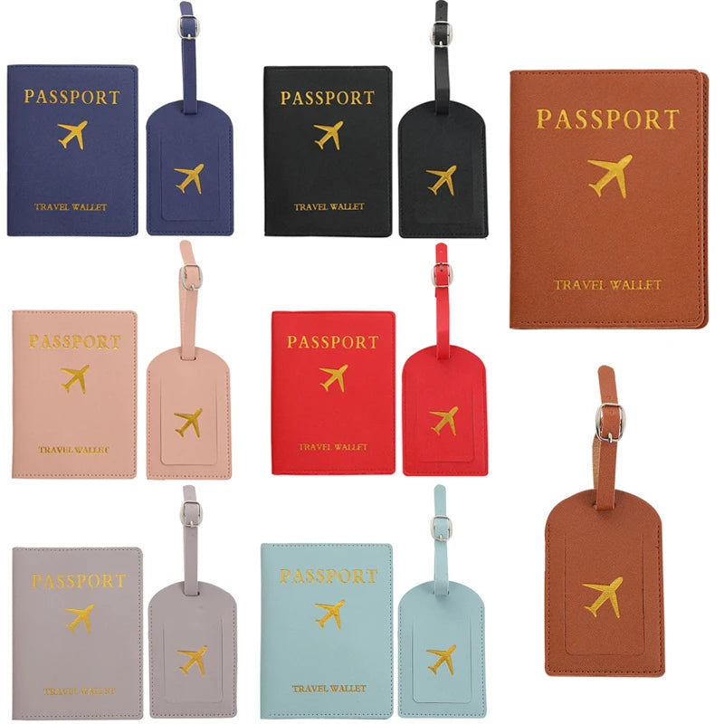 2Pcs/Set PU Travel Passport Cover Luggage Tag Suitcase Identifier Label Baggage Boarding Bag Tag Name ID Address Passport Holder