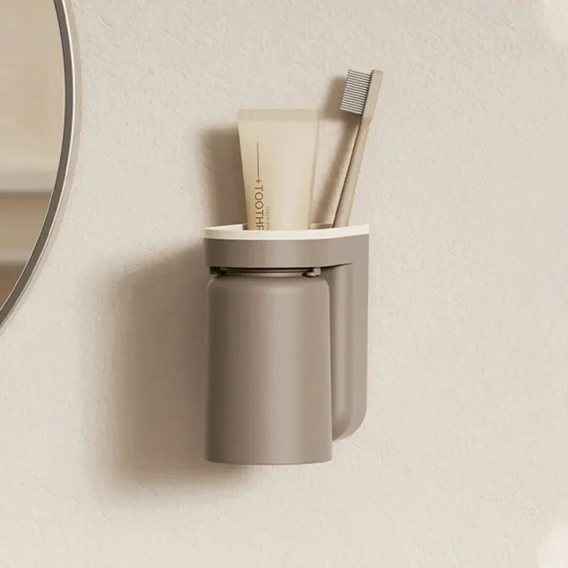 Innovative No Drill Wall Mounted Light Luxury Toothbrush Mouthwash Cup Storage Rack Couple Bathroom Organizer