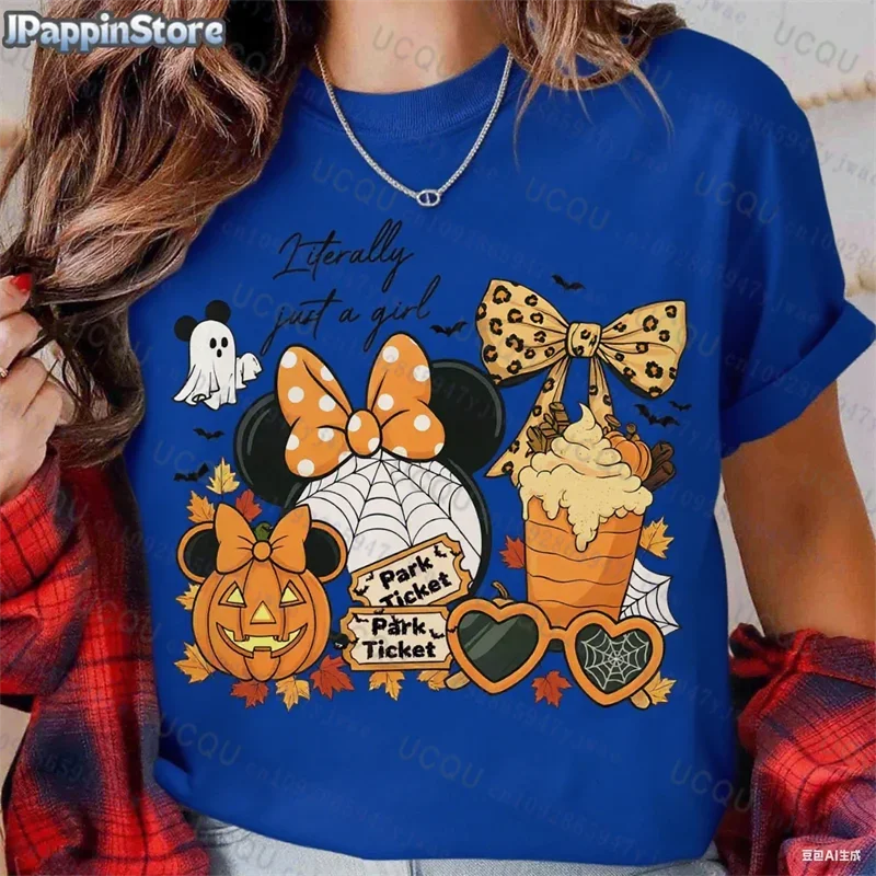 Pumpkin Mickey Halloween Short Sleeve Summer Sport Casual Women's Clothing Streetwear Classic Creative Pullover Y2K Streetwear