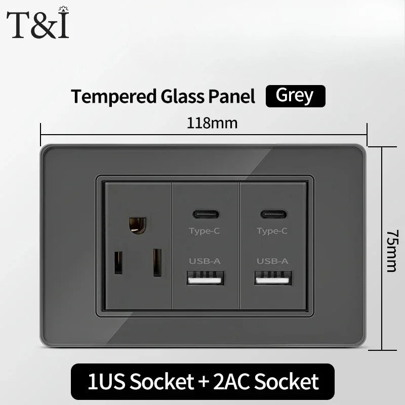 118*75mm Tempered Glass Socket US Wall Socket Grey Thai USB Socket Plug with Dual USB Type-C Ports,Light Switch 110V