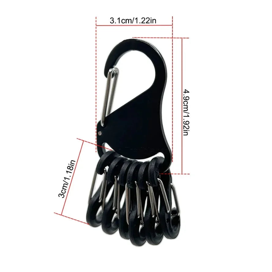 7in 1 Tactical Aluminum Alloy Chem Light Holders Carabiner Clip 6 S-Biners Glow Sticks Key Storage Buckle for Outdoor Camping