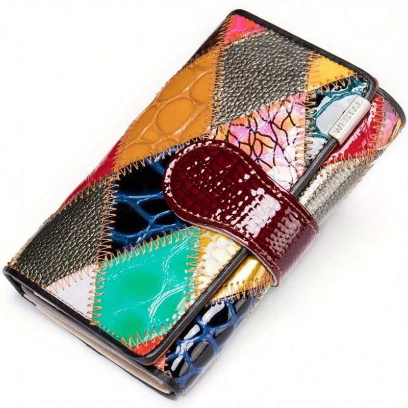 Elegant Ladies Handmade Bag Short Wallet Diamond/Grid Pattern Colourful Splicing Multi Card Position Head Layer Cowhide Ladies Coin Purse Christmas Gifts For Women
