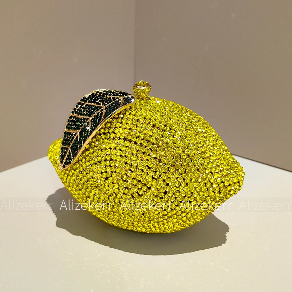 Alizekerr Lemon Shaped Diamond Evening Bags Women Gorgeous Unique Bling Rhinestone Metallic Purses And Handbags Wedding Party