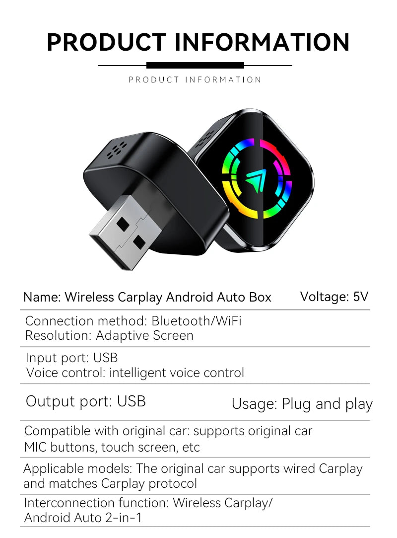 CarPlay Android Auto Adapter 2in1 5G WiFi Bluetooth Fast Connection Universal for Car Plug Play voice assistant