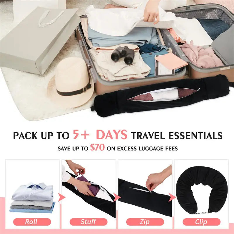 Travel Neck Pillow With Fillable Clothing U-Shaped Pillowcase, Extra Storage Bag, Velvet Neck Pillow Cover For Airplane Travel