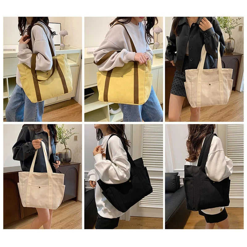New Large Capacity Canvas Tote with Multiple Pockets-Perfect for School/work Commute/travel and Shopping Bags on One Shoulder