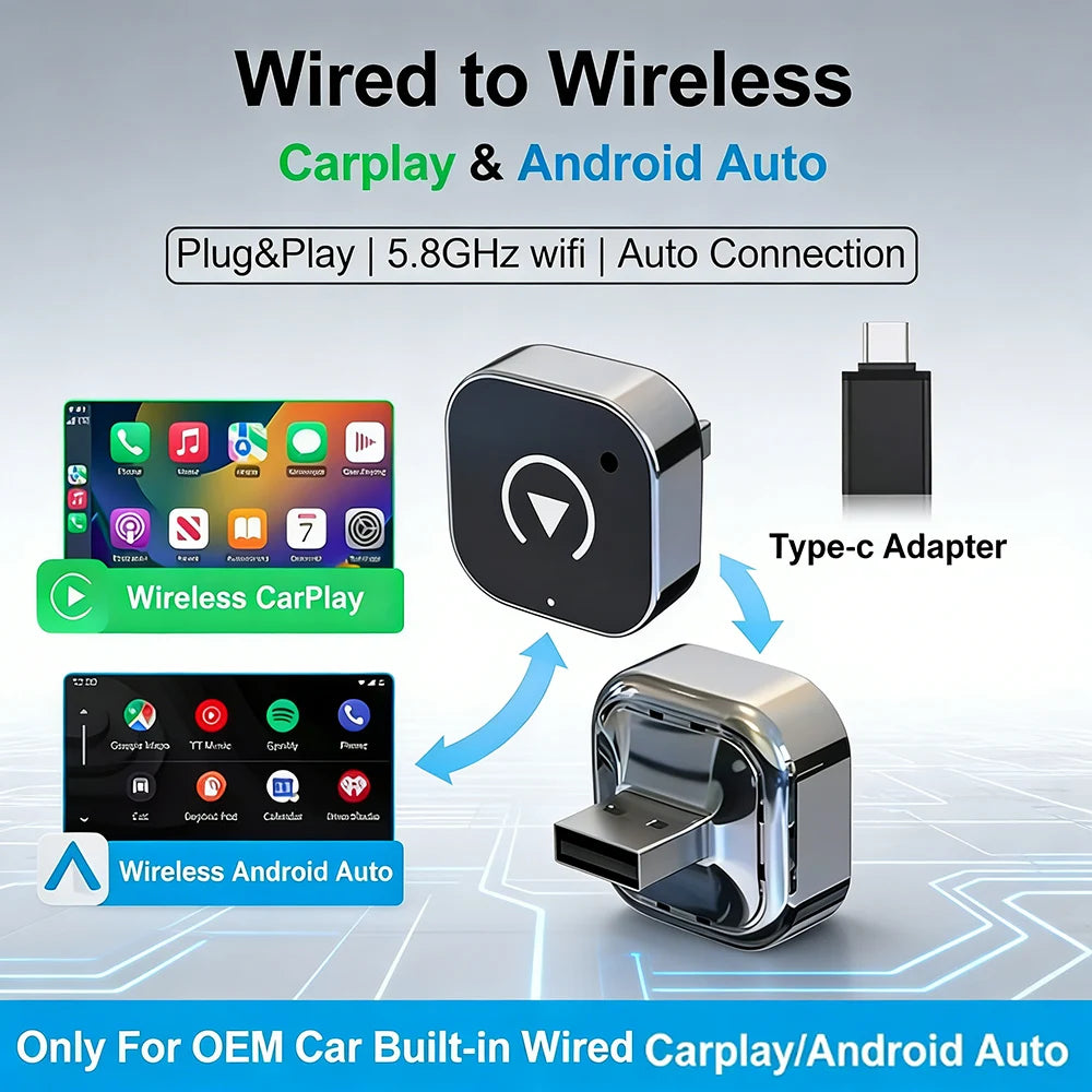 Wireless Carplay Adapter & Android Auto 2026 Upgrade Wired CarPlay to Wireless,2-in-1 Mini USB Design with Fast Stable Connectio