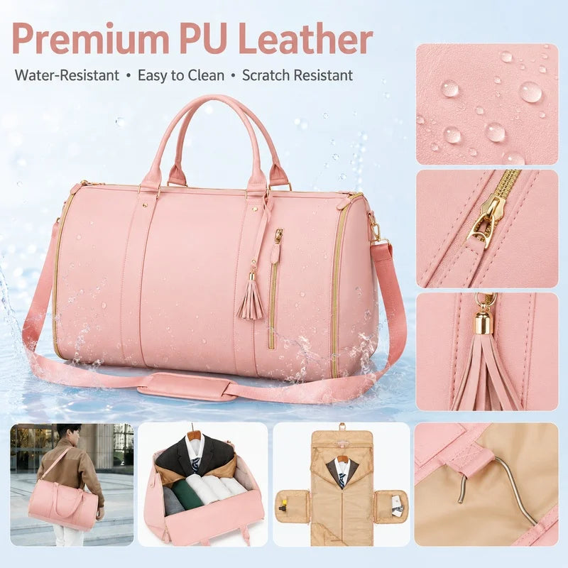 Foldable Garment Travel Bag, PU Leather Suit Duffel Bag Large Capacity Weekender Carry On Gym Bag for Men Women