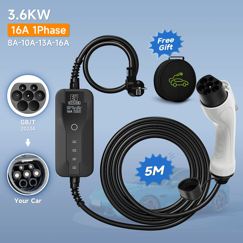 AFYEEV 16A 3.6kw 5m Type2 Type1 EV Charger Portable GBT Electric Vehicle Charger EVSE Charging Cable Safety and Reliable Wallbox