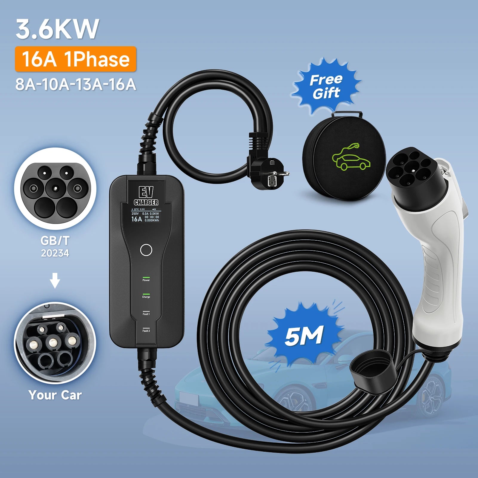 AFYEEV 16A 3.6kw 5m Type2 Type1 EV Charger Portable GBT Electric Vehicle Charger EVSE Charging Cable Safety and Reliable Wallbox