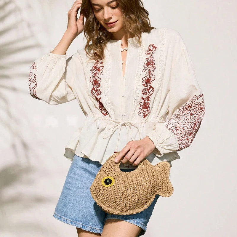 Creative Goldfish Shape Woven Bag Hand-woven 3d Animal Handbag Summer Beach Vacation Clutch Women Stylish Eco-friendly Clip Bag