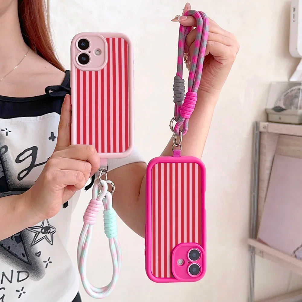 Lanyard Phone Case For Redmi Note 15 14 13 12 11 10 9 8 7 Pro Plus 14s 13C 12C 14C 9T 10C Stripe Pattern Wrist Chain Strap Cover