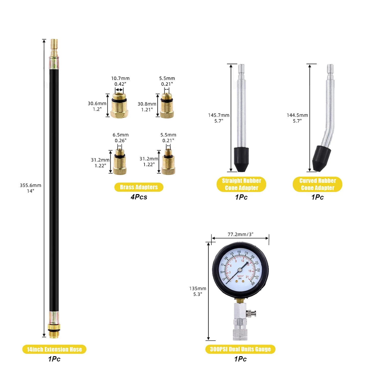 8 PCS Gasoline Engine Compression Tester Set 0-300 PSI Automobile Cylinder Pressure Gauge Kit with M10 M12 M14 M18 Adapter