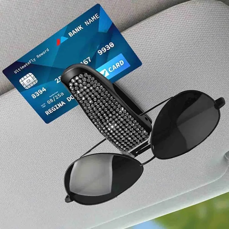 Universal Bling Car Glasses Holder for Car Sun Visor Crystal Rhinestones Eyeglasses Hanger Mount with Ticket Card Clip
