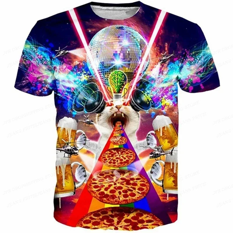 3D Printed Funny Cat T Shirt for Men Animal Food Pattern Tees Summer Street Oversize Short Sleeve Tops Loose Round Neck T-Shirts