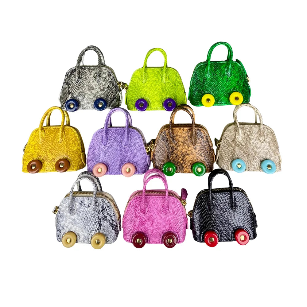 Leather Snake-Embossed Mini Bag-Earphones & Lipstick Pouch with Contrast Color Wheels-PU Leather-Bag Charm-Ideal Gift For Women
